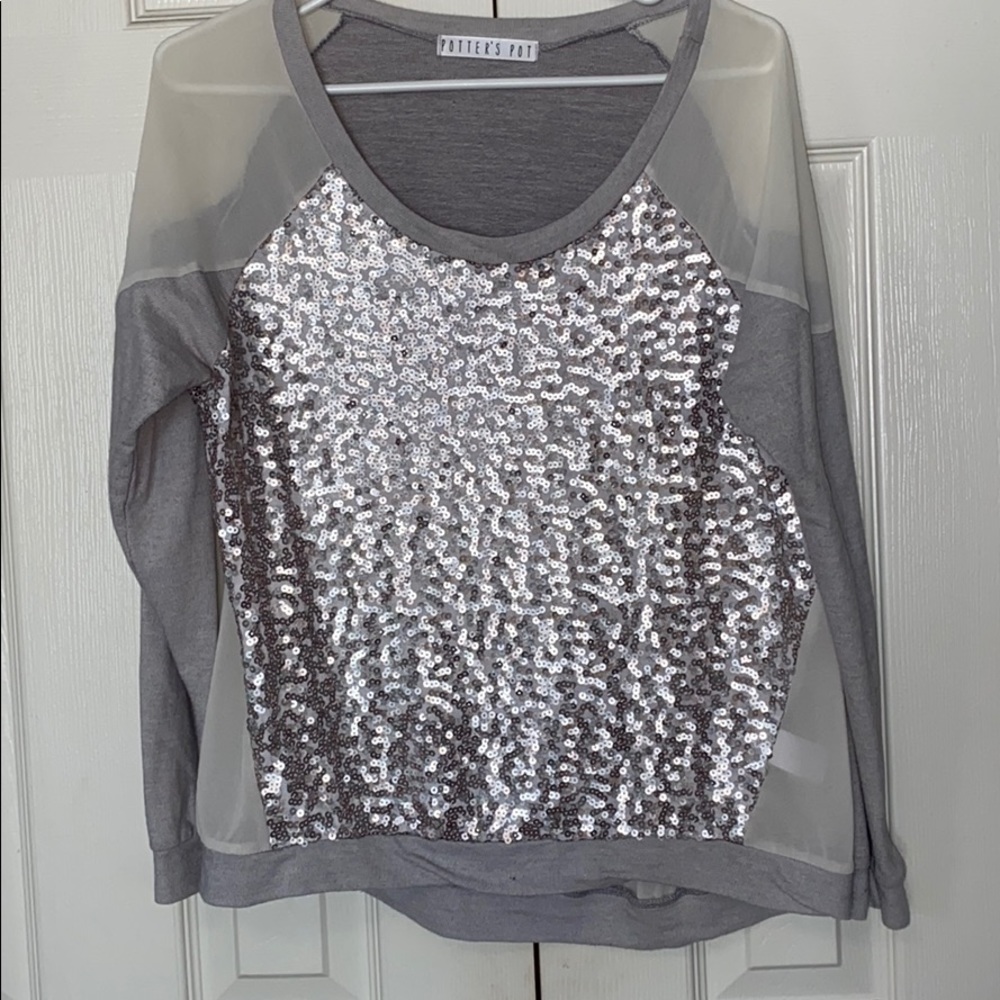 Long sleeved gray, cream, and sequin top